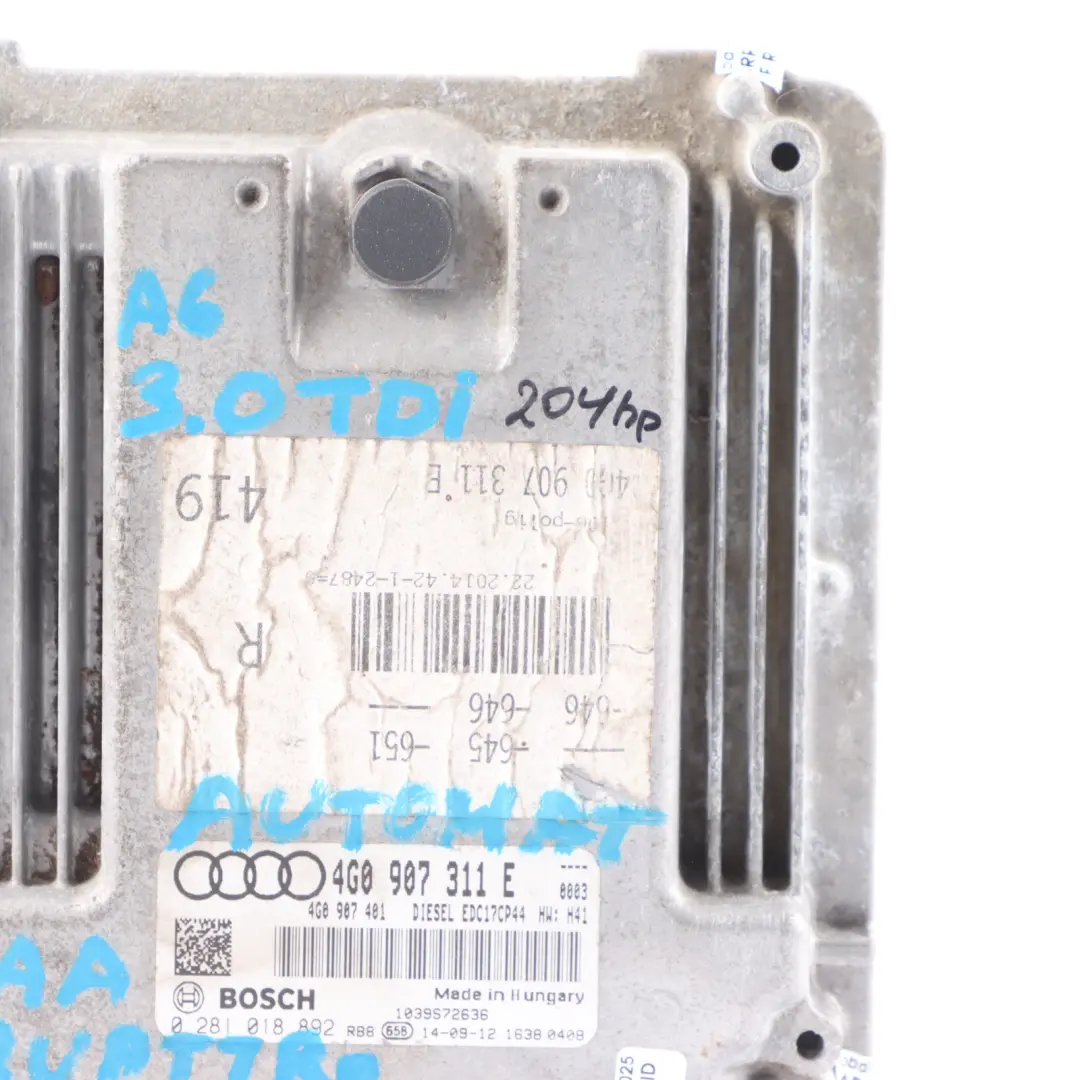 Audi A6 C7 3.0 TDI Quattro CLAA 204 HP Engine Control ECU Automatic - SKU 4G0907311E - Part number 4G0907311E