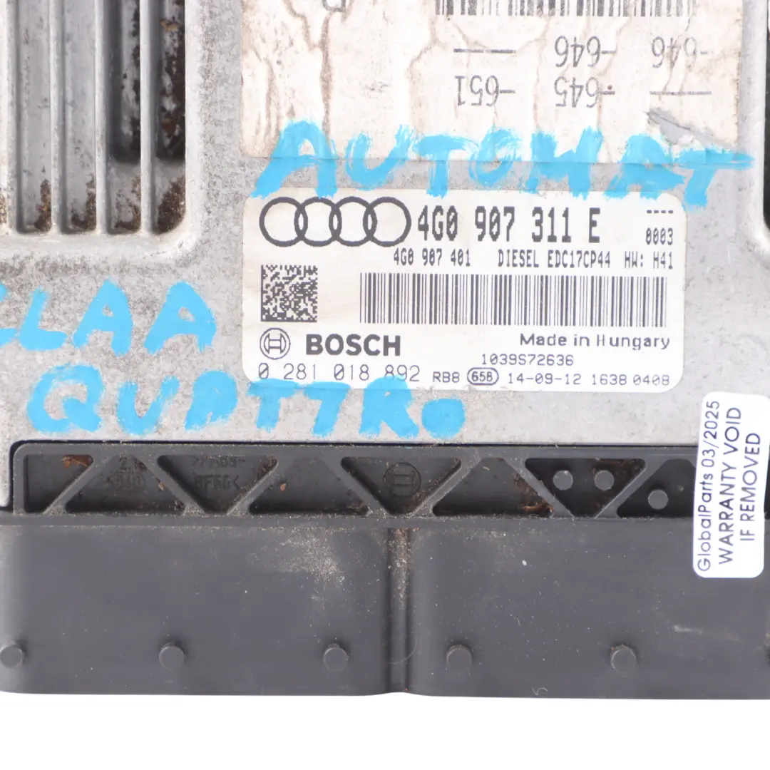 CLAA 204 HP Engine Control ECU Automatic to Audi A6 C7 3.0 TDI Quattro with Part number 4G0907311E Audi A6 C7 3.0 TDI Quattro CLAA 204 HP Engine Control ECU Automatic - SKU 4G0907311E - Part number 4G0907311E