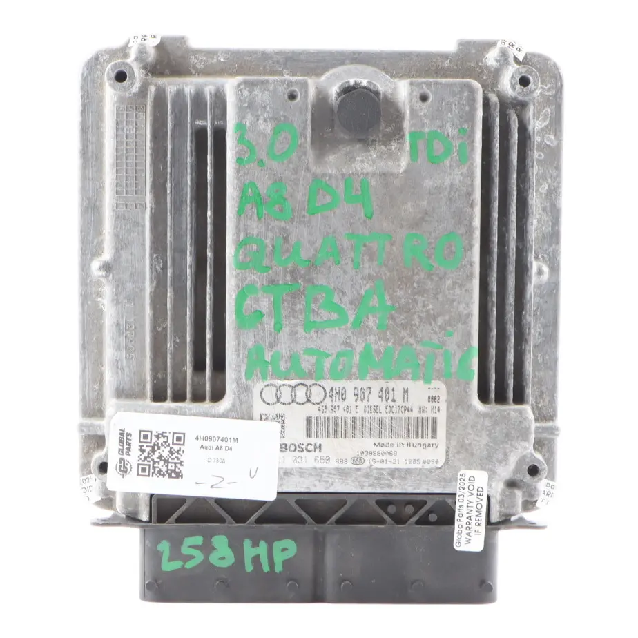 CTBA Quattro 258HP Motor Steuergerät für Audi A8 4H 3.0 TDI mit Teilenummer 4H0907401M Audi A8 4H 3.0 TDI CTBA Quattro 258HP Motor Steuergerät - SKU 4H0907401M - Teilenummer 4H0907401M