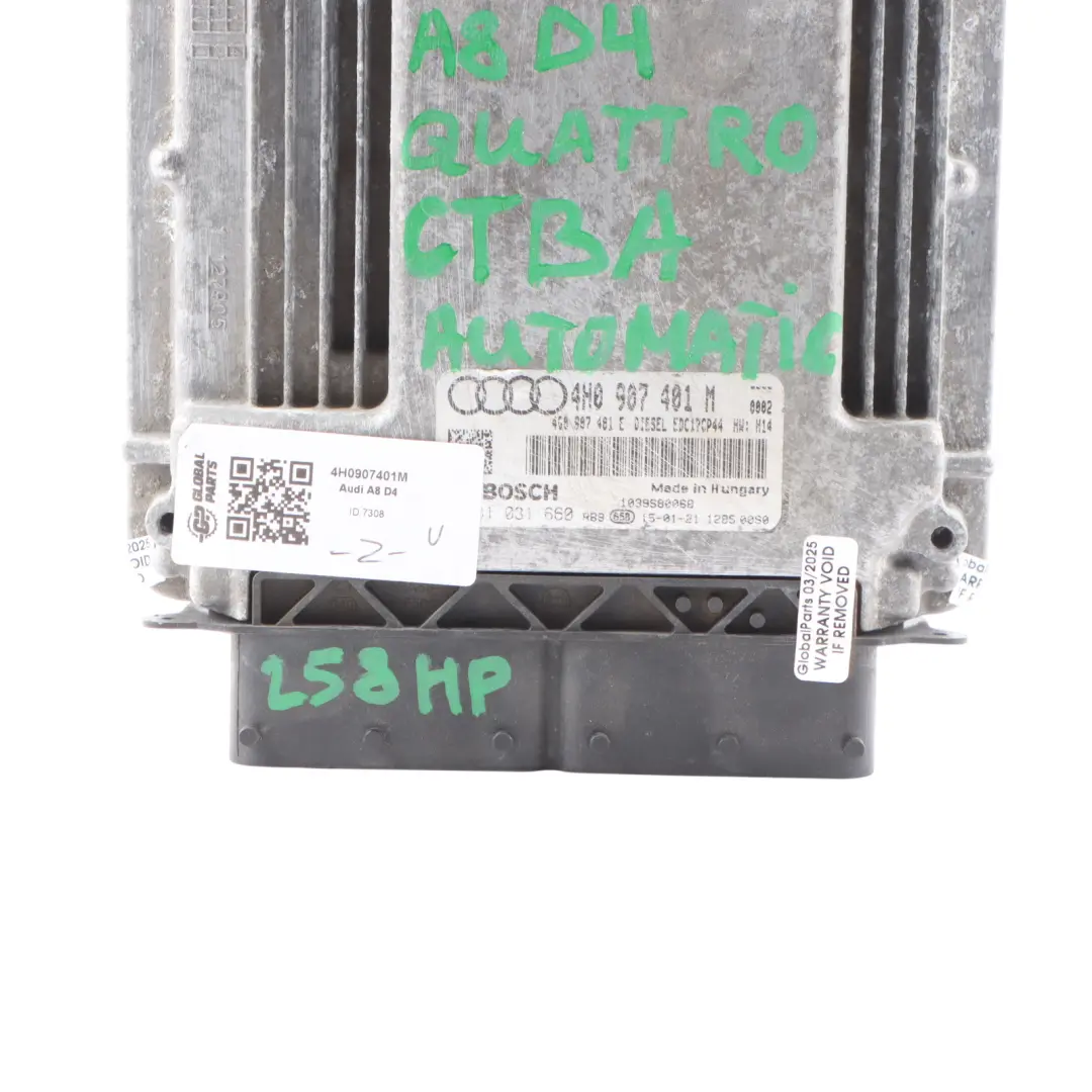 CTBA Quattro 258HP Sterownik Silnika ECU do Audi A8 4H 3.0 TDI o numerze 4H0907401M Audi A8 4H 3.0 TDI CTBA Quattro 258HP Sterownik Silnika ECU - SKU 4H0907401M - Numer Części 4H0907401M
