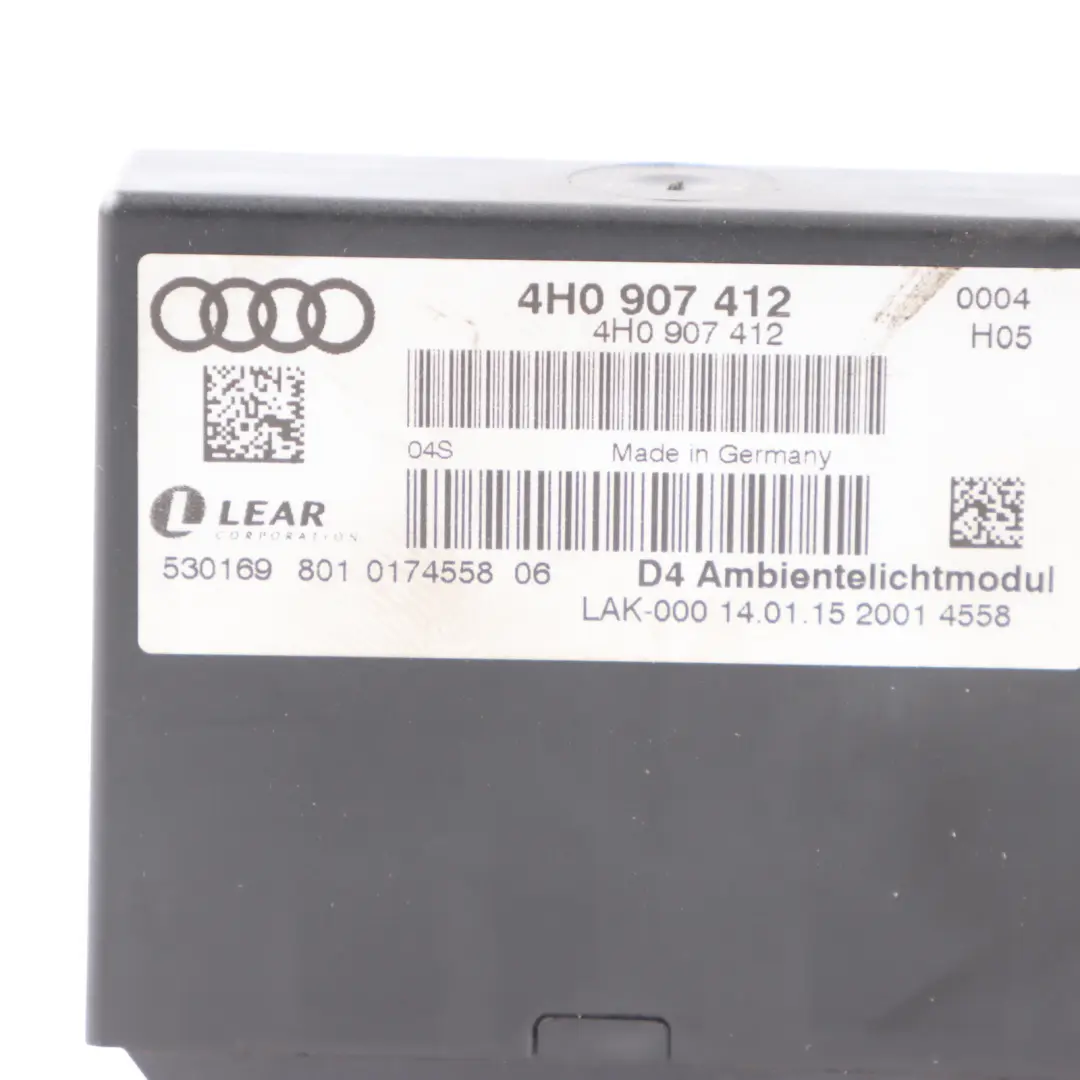 Ambient Lighting Control Module Unit ECU to Audi A8 D4 with Part number 4H0907412 Audi A8 D4 Ambient Lighting Control Module Unit ECU - SKU 4H0907412 - Part number 4H0907412