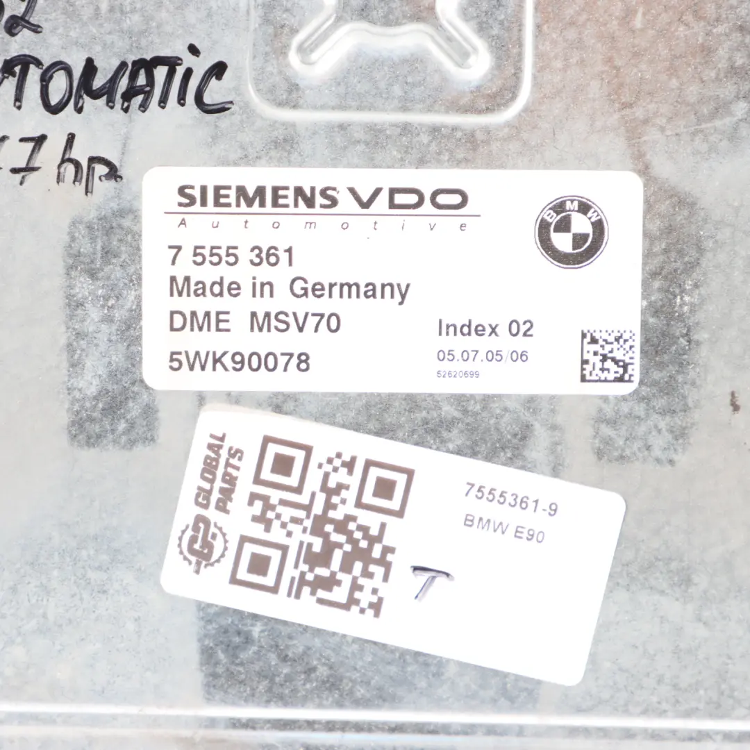 N52 323i 523i 177HP Engine Control ECU DME Automatic to BMW E60 E90 E91 with Part number 7555361 BMW E60 E90 E91 N52 323i 523i 177HP Engine Control ECU DME Automatic - SKU 7555361-9 - Part number 7555361