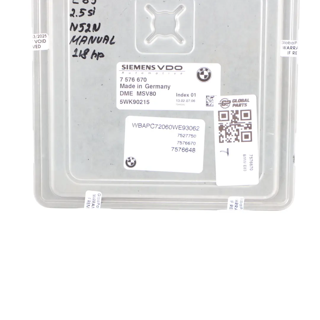 BMW X3 E83 LCI 2.5Si N52N 218HP Engine Control Module ECU DME Manual - SKU 7576670 - Part number 7576670