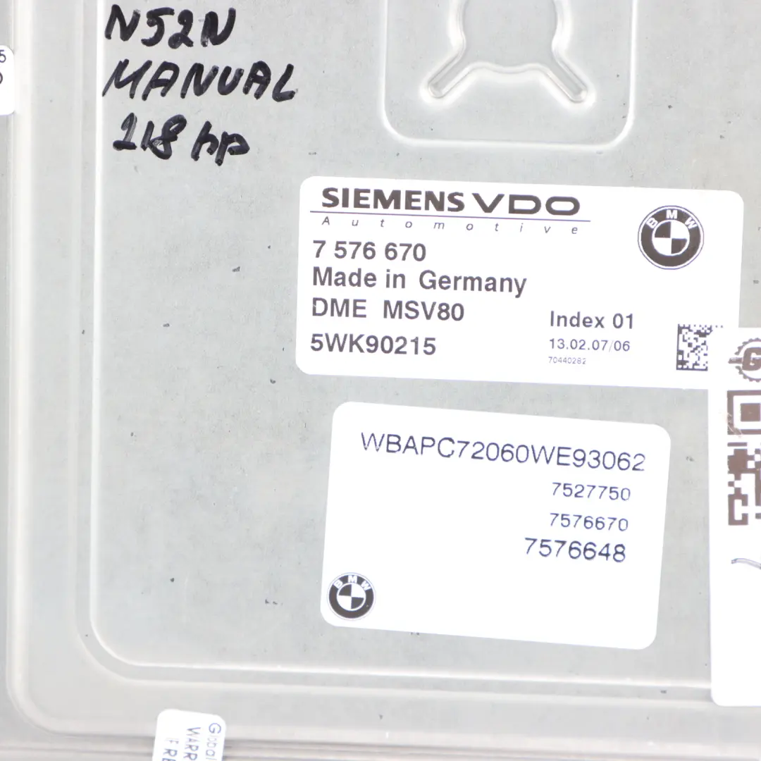 BMW X3 E83 LCI 2.5Si N52N 218HP Engine Control Module ECU DME Manual - SKU 7576670 - Part number 7576670