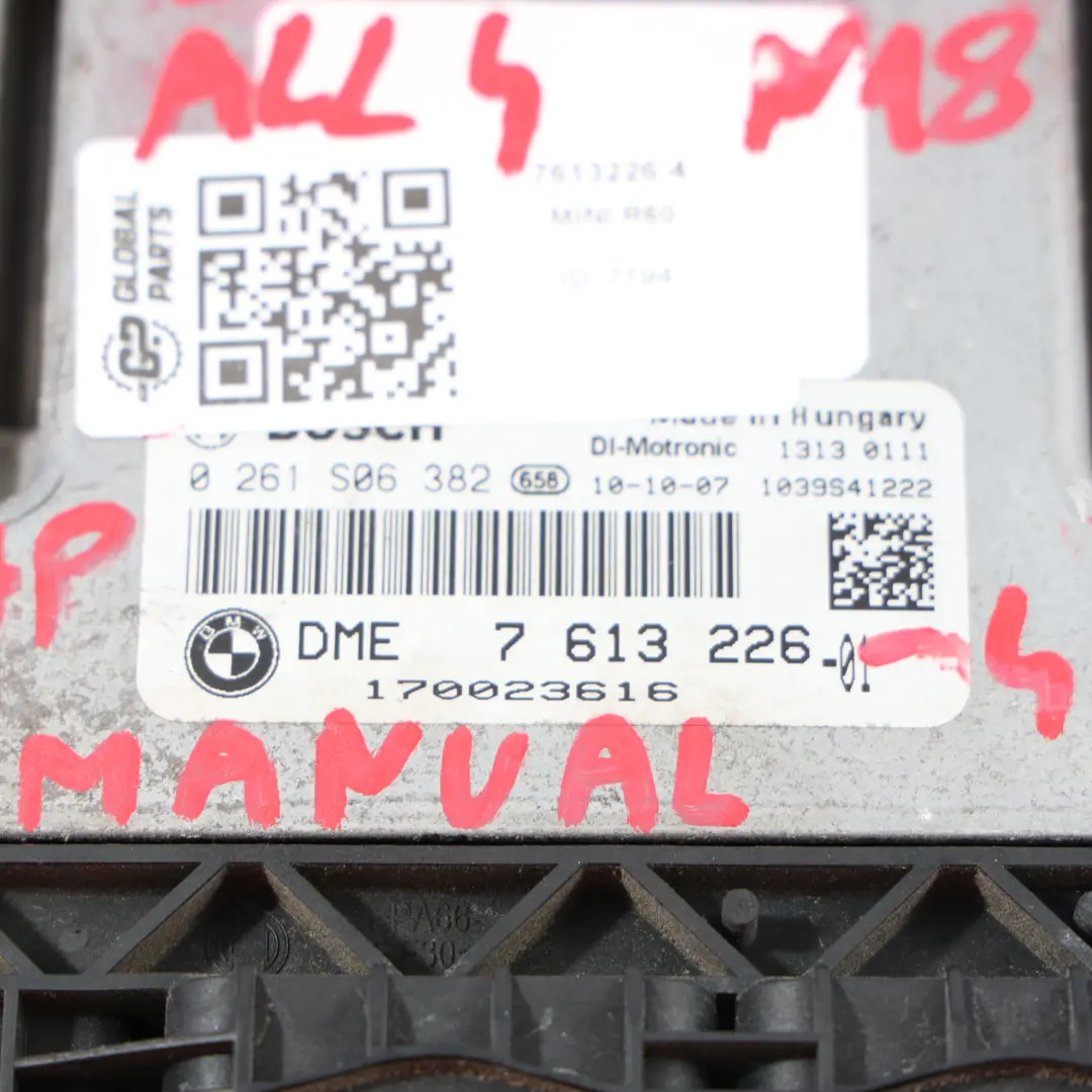 184HP Control Unit ECU DME Kit + Key + CAS3, Manual to Mini R60 ALL4 N18 with Part number 7613226 Mini R60 ALL4 N18 184HP Control Unit ECU DME Kit + Key + CAS3, Manual - SKU 7613226-4 - Part number 7613226