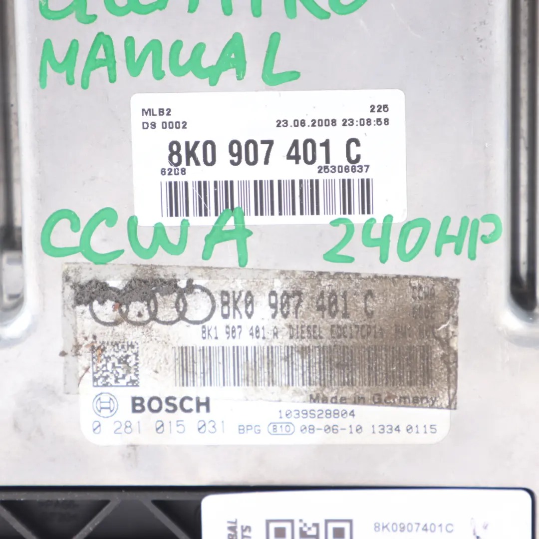 CCWA Quattro 240HP Engine Control ECU Manual to Audi A5 8T 3.0 TDI with Part number 8K0907401C Audi A5 8T 3.0 TDI CCWA Quattro 240HP Engine Control ECU Manual - SKU 8K0907401C - Part number 8K0907401C