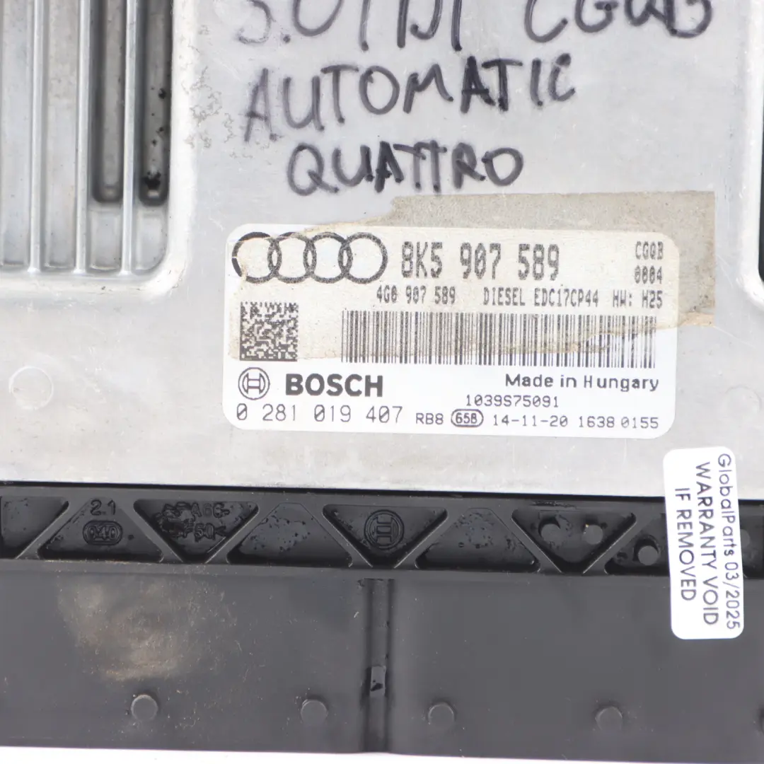 CGQB Quattro 313HP Engine Control ECU Automatic to Audi SQ5 8R 3.0 TDI with Part number 8K5907589 Audi SQ5 8R 3.0 TDI CGQB Quattro 313HP Engine Control ECU Automatic - SKU 8K5907589 - Part number 8K5907589