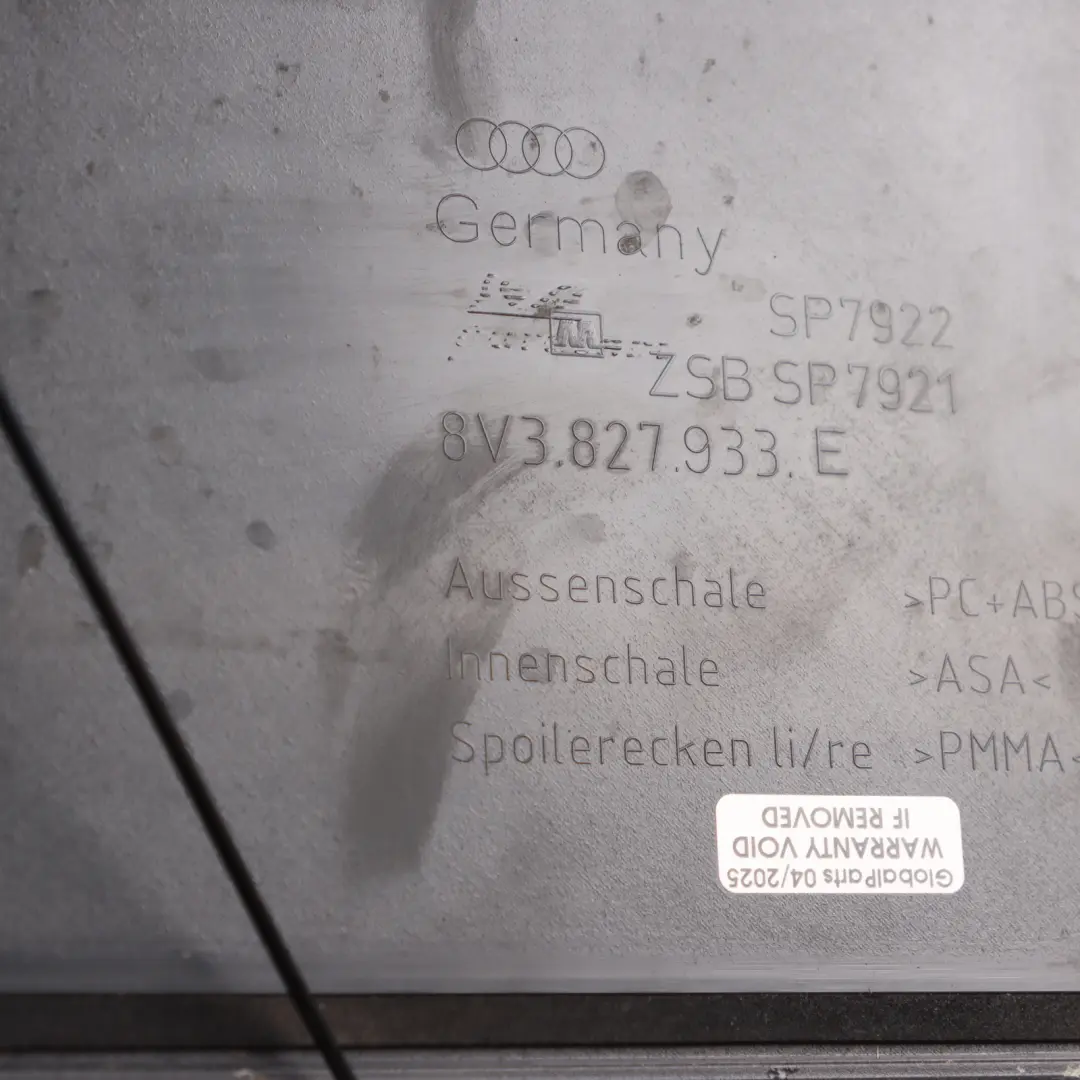 Spoiler Audi A3 8V Boot Tailgate Trunk Lid Trim Panel Glacier White - S9R to Rear with Part number 8V3827933E Rear Spoiler Audi A3 8V Boot Tailgate Trunk Lid Trim Panel Glacier White - S9R - SKU 8V3827933E-MGW - Part number 8V3827933E