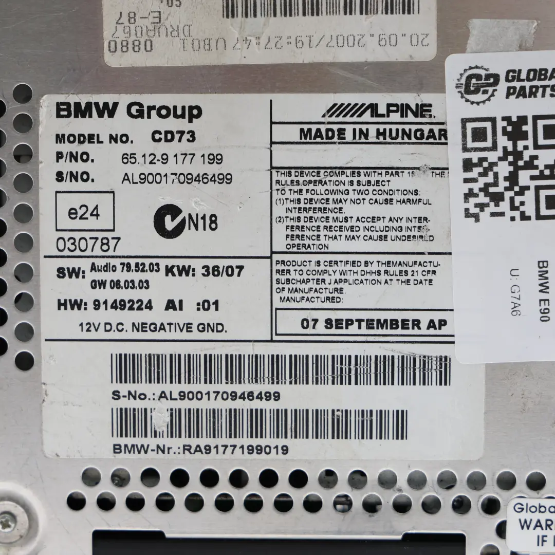 BMW E81 E82 E87 E88 E89 E90 E91 E92 Radio Professional CD Control Unit - SKU 9177199-1 - Part number 9177199