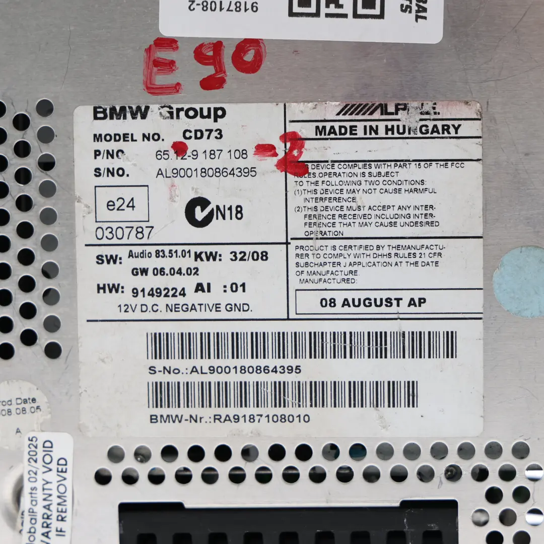  Autoradio CD Player BMW E81 E82 E87 E88 E90 E91 E92 Radio Professional - SKU 9187108-2 - Part number 9187108