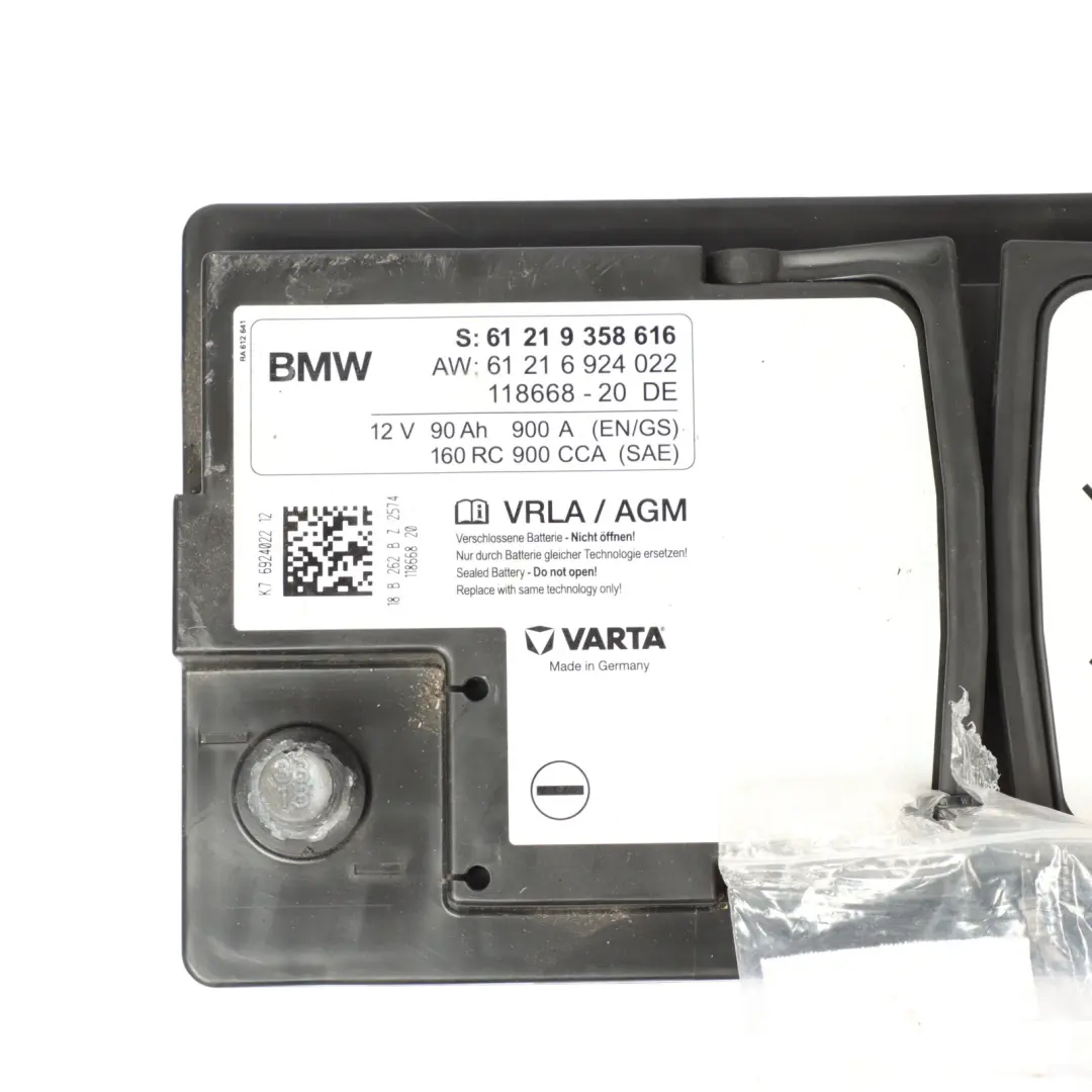 Varta VRLA / AGM 12V Accumulator Battery 90Ah 900A to BMW with Part number 9358616 BMW Varta VRLA / AGM 12V Accumulator Battery 90Ah 900A - SKU 9358616 - Part number 9358616