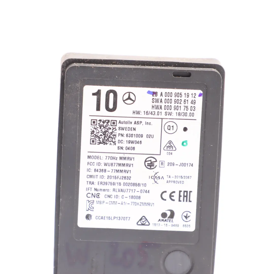  Radar Sensor Mercedes W177 W205 W213 Distronic Control Unit Module - SKU A0009051912 - Part number A0009051912