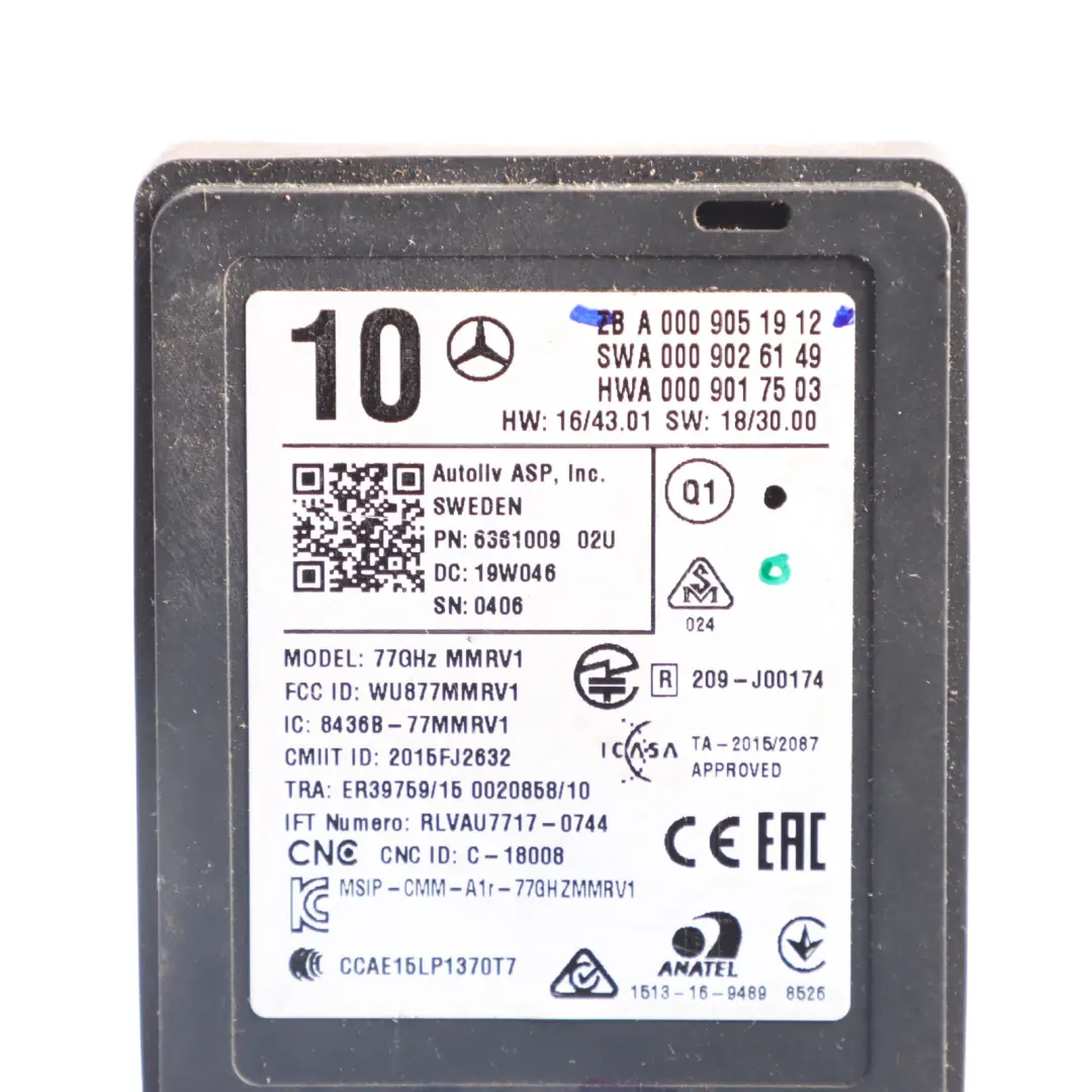  Radar Sensor Mercedes W177 W205 W213 Distronic Control Unit Module - SKU A0009051912 - Part number A0009051912