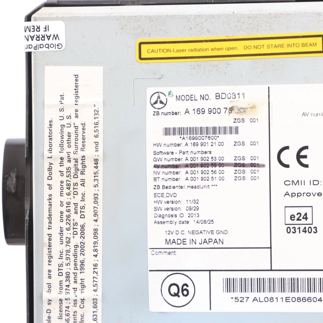 Mercedes W169 W639 COMAND Navigation Head Unit Radio Sat Nav Screen - SKU A1699007800 - Part number A1699007800