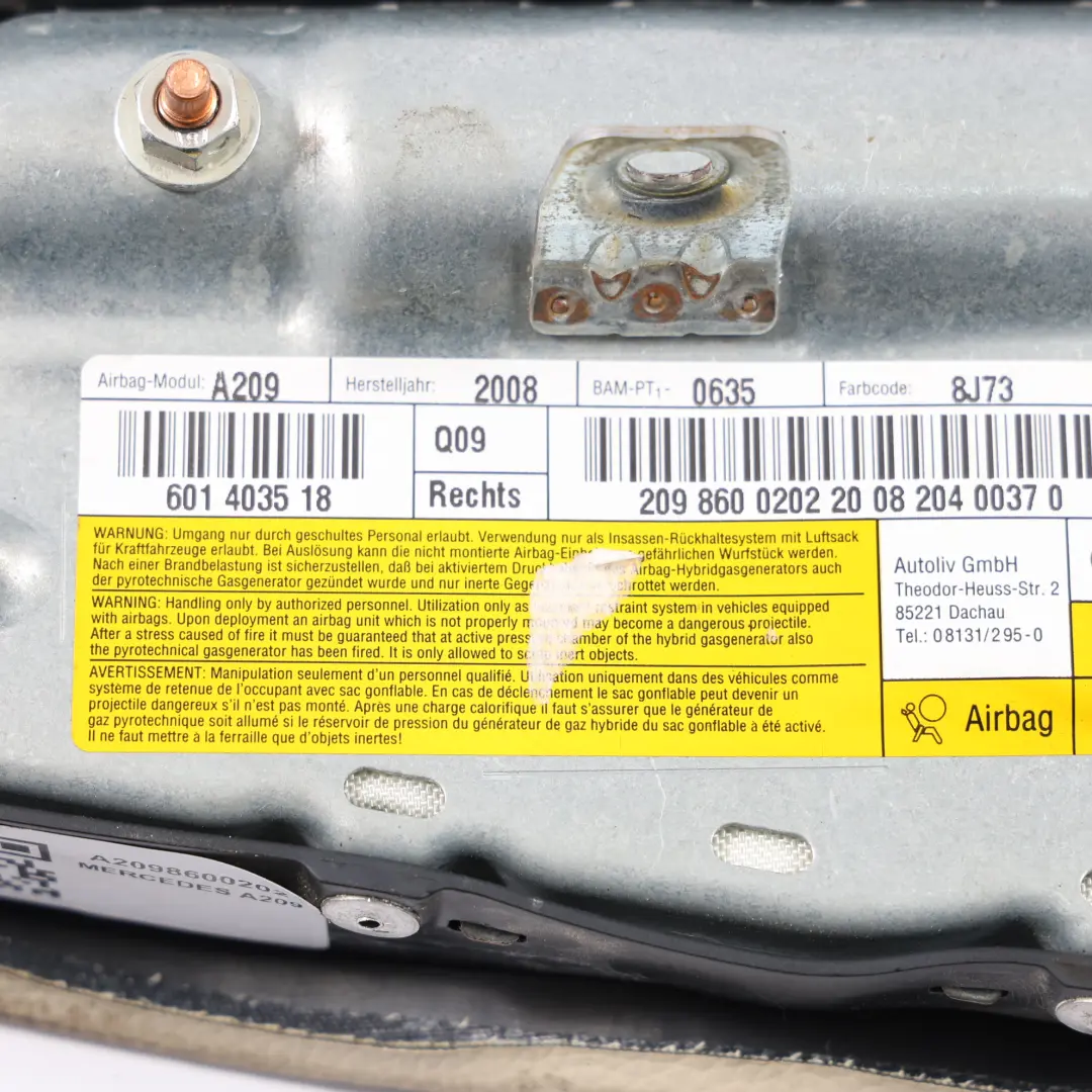 Modulo Aria Lato Sedile Anteriore Destro Pelle per Mercedes CLK W209 con numero di parte A2098600202 Mercedes CLK W209 Modulo Aria Lato Sedile Anteriore Destro Pelle - SKU A2098600202 - Numero di parte A2098600202