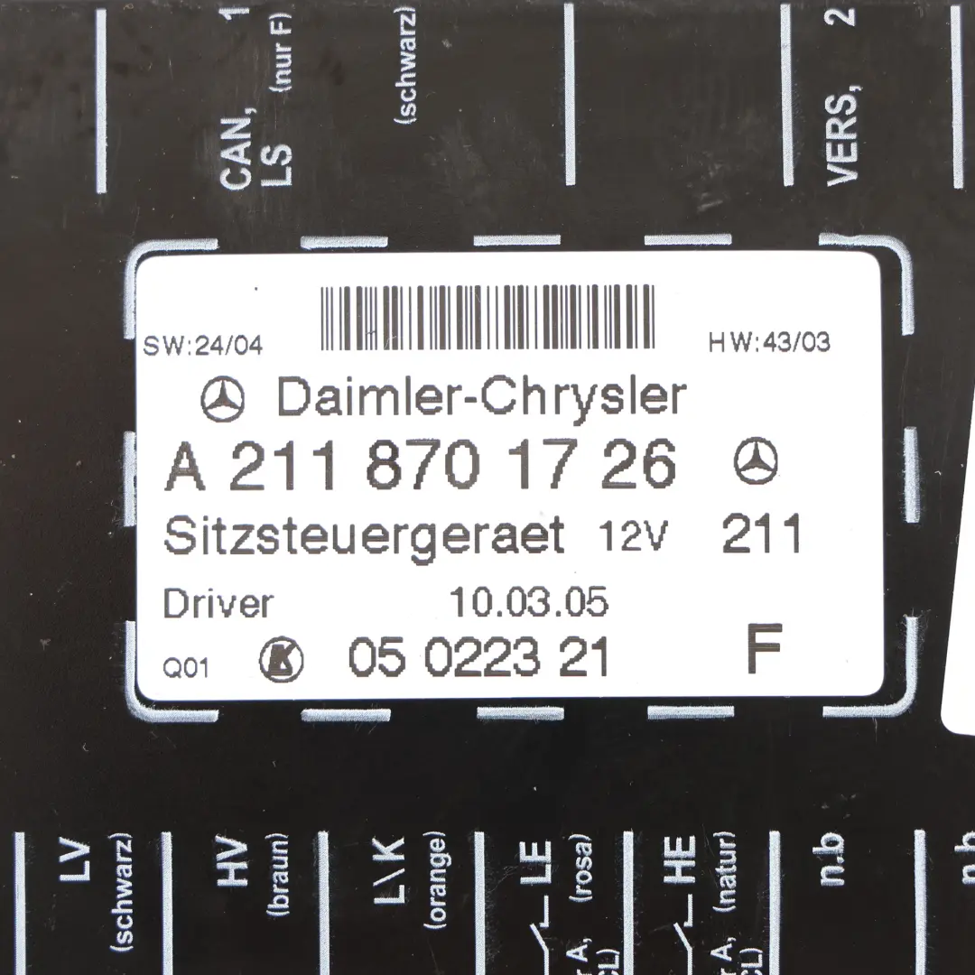 Unità Modulo Di Controllo Interruttore Sedile per Mercedes C209 con numero di parte A2118701726 Mercedes C209 Unità Modulo Di Controllo Interruttore Sedile - SKU A2118701726 - Numero di parte A2118701726