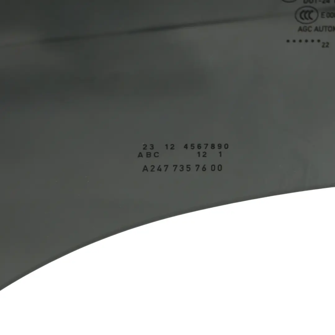 Side Glass Window Rear Door Right O/S Tinted AS3 to Mercedes H243 EQA with Part number A2477357600 Mercedes H243 EQA Side Glass Window Rear Door Right O/S Tinted AS3 - SKU A2477357600 - Part number A2477357600