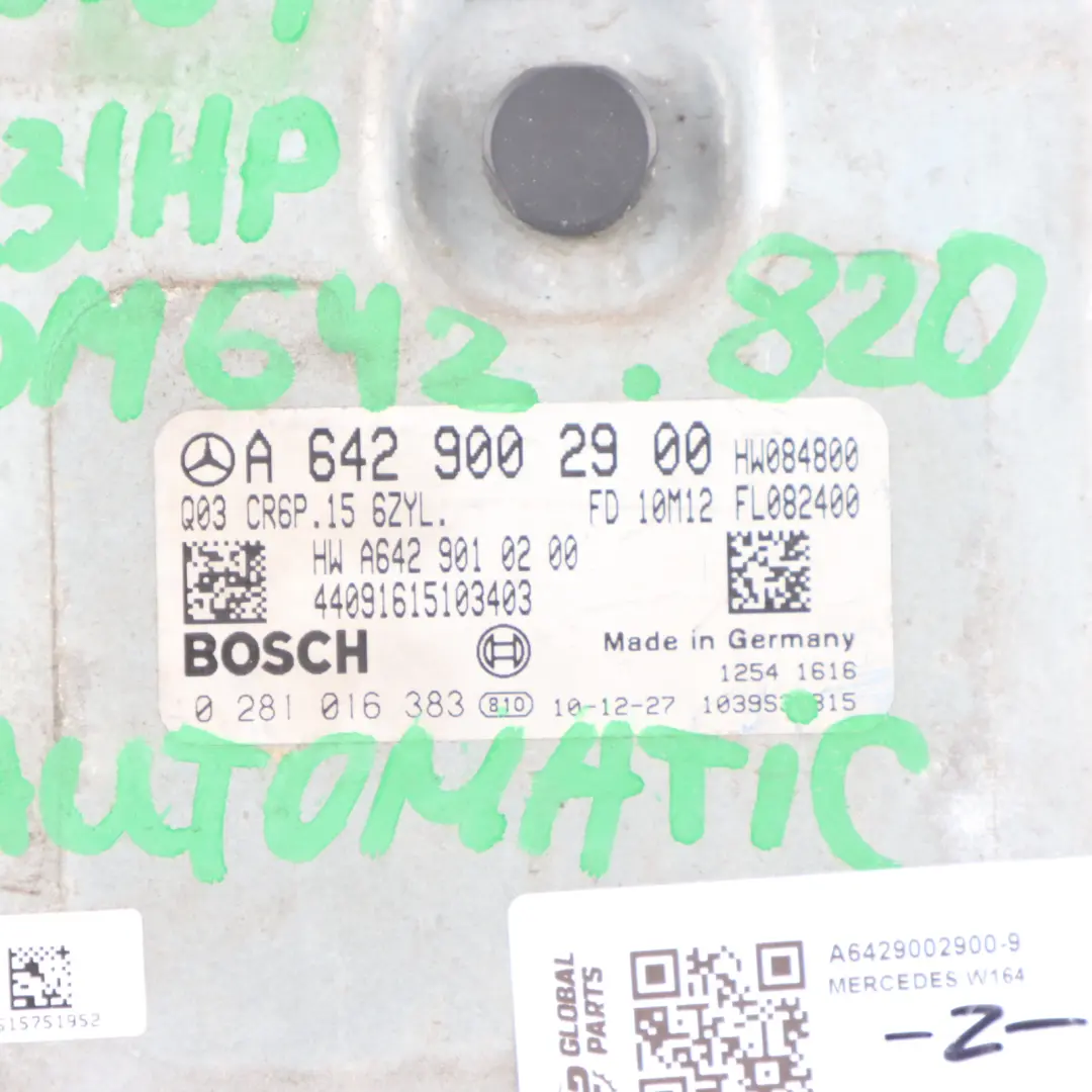 ML350 CDI OM642.820 231HP Unità Controllo Motore ECU per Mercedes W164 con numero di parte A6429002900 Mercedes W164 ML350 CDI OM642.820 231HP Unità Controllo Motore ECU - SKU A6429002900-9 - Numero di parte A6429002900