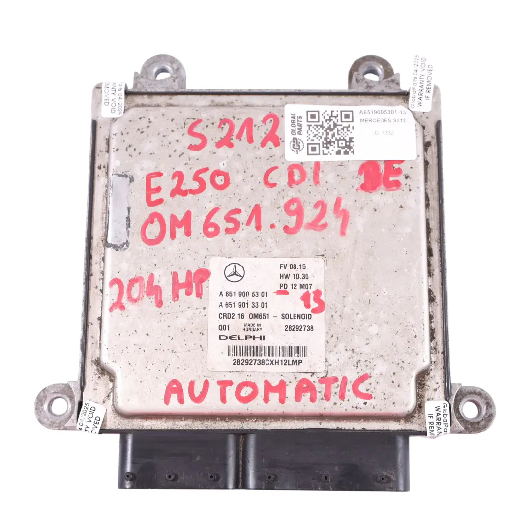 Mercedes S212 E250CDI BE OM651.924 204HP Motor Módulo Unidad ECU Kit - SKU A6519005301-13 - Número de pieza A6519005301