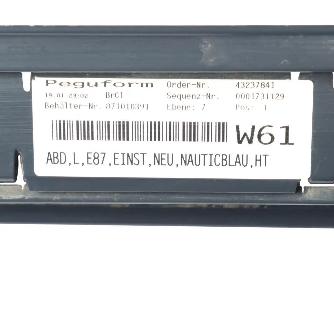 Sill Strip Side Skirt Left N/S Nautikblau Nautic Blue Metallic - A21 to BMW E87 with Part number 0032949 BMW E87 Sill Strip Side Skirt Left N/S Nautikblau Nautic Blue Metallic - A21 - SKU 0032949-NB - Part number 0032949