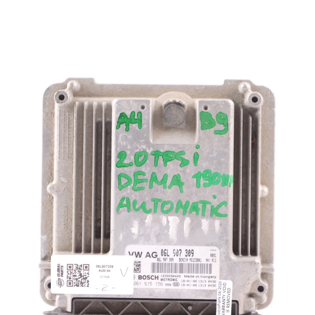 Audi A4 B9 2.0 TFSI DEMA 190HP Unidad Control Motor ECU Automático - SKU 06L907309 - Número de pieza 06L907309