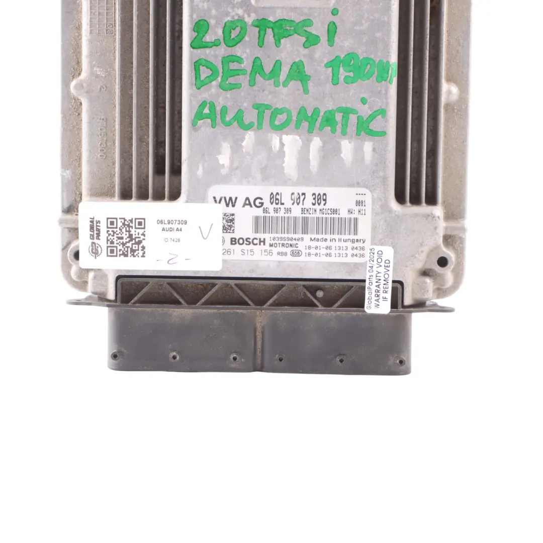 Audi A4 B9 2.0 TFSI DEMA 190HP Unidad Control Motor ECU Automático - SKU 06L907309 - Número de pieza 06L907309