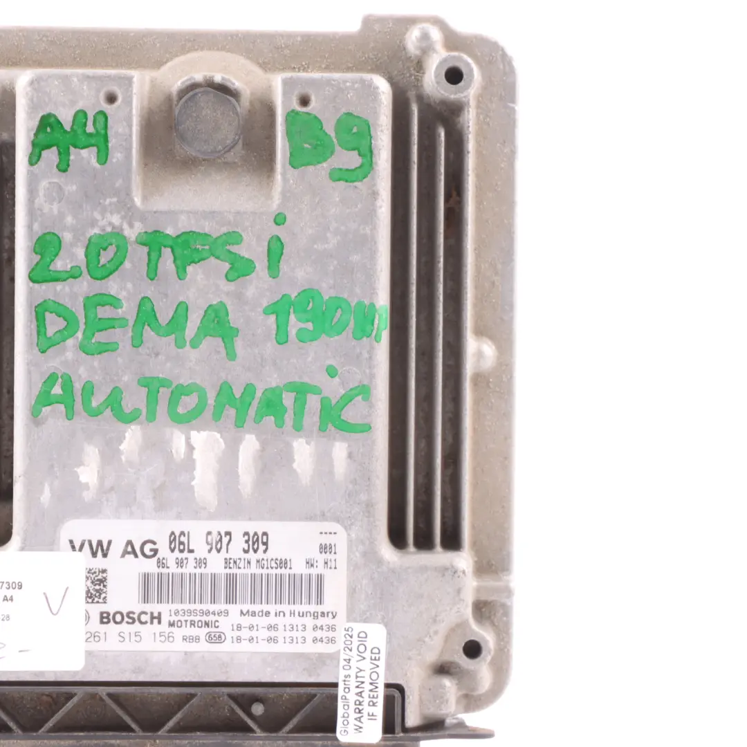 Audi A4 B9 2.0 TFSI DEMA 190HP Unidad Control Motor ECU Automático - SKU 06L907309 - Número de pieza 06L907309