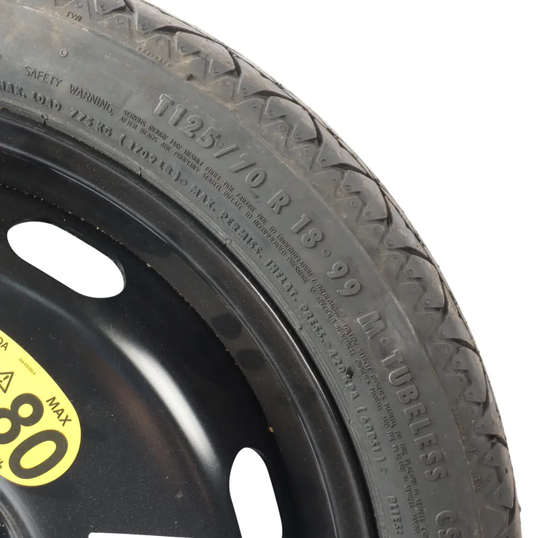 Ruota Scorta Compatta Acciaio R18 3,5J 125/70 per VW Volkswagen Golf VI con numero di parte 1K0601027AP VW Volkswagen Golf VI Ruota Scorta Compatta Acciaio R18 3,5J 125/70 - SKU 1K0601027AP-1 - Numero di parte 1K0601027AP