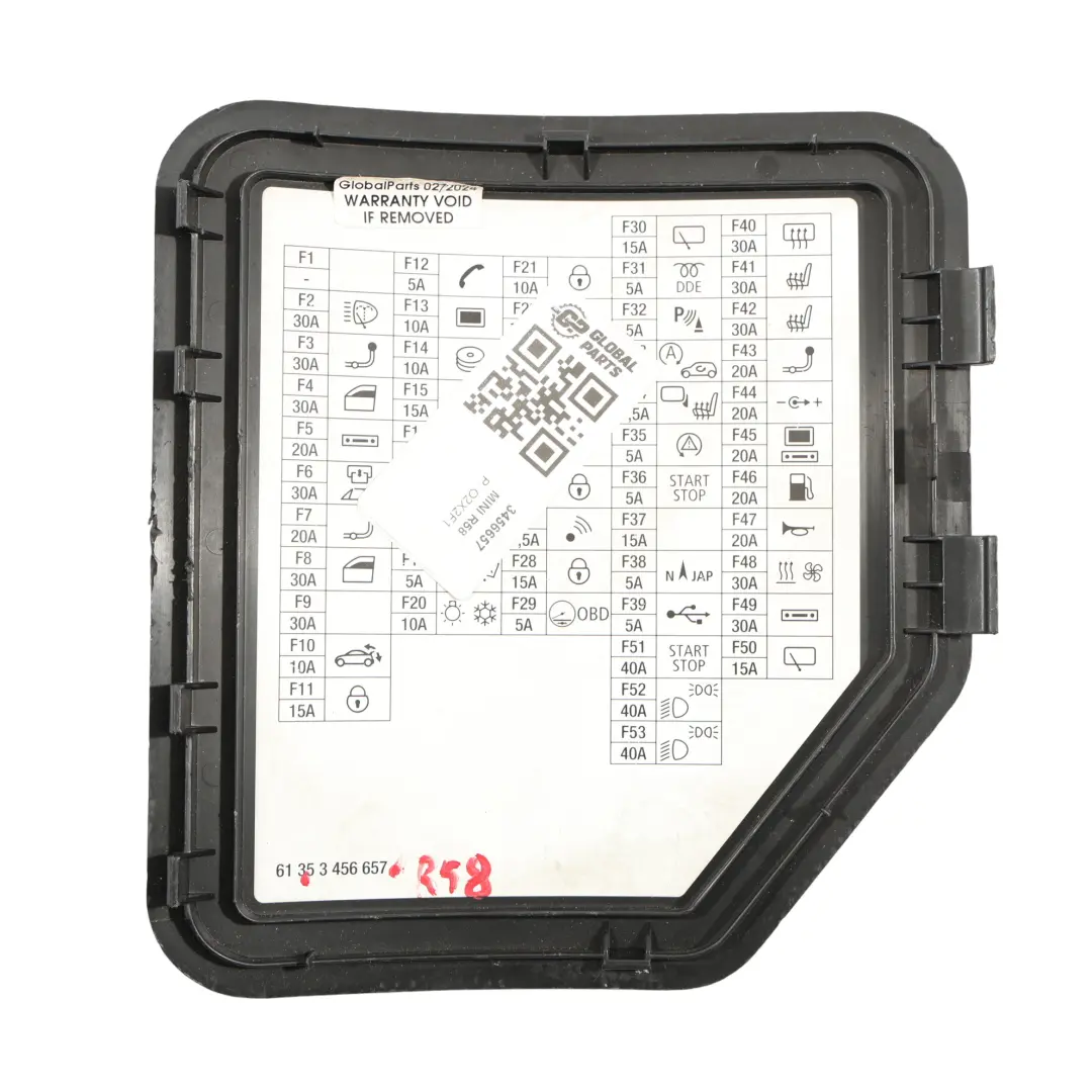 Couvercle De Boîte À Fusibles Mini R58 R59 Étiquette du boîtier pour à propos du numéro de pièce 3456657 Couvercle De Boîte À Fusibles Mini R58 R59 Étiquette du boîtier - SKU 3456657 - Numéro de pièce 3456657