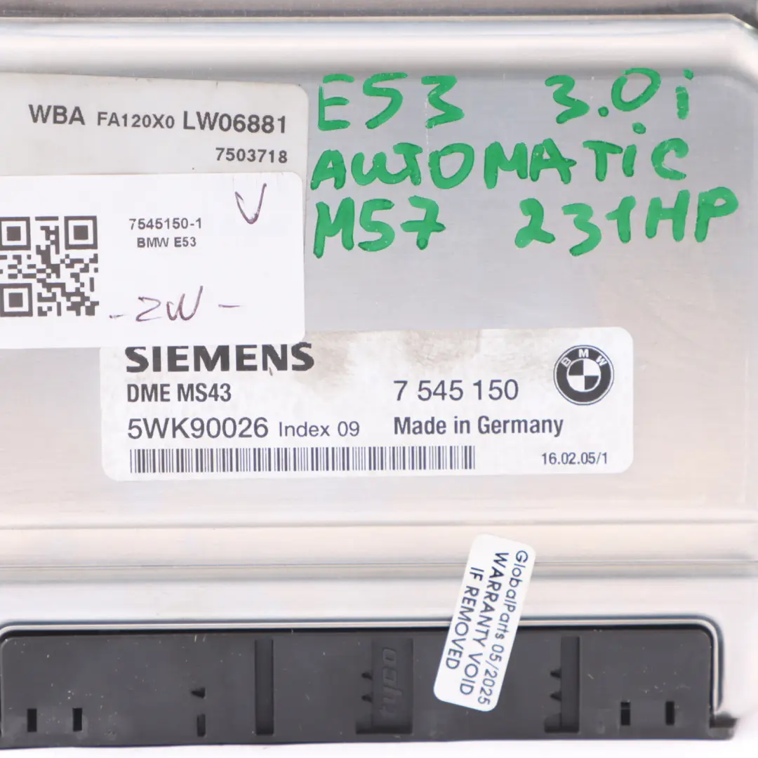M54 231HP ECU Kit Motor DME Llave Automatica EWS para BMW X5 E53 3.0I con número de pieza 7545150 BMW X5 E53 3.0I M54 231HP ECU Kit Motor DME Llave Automatica EWS - SKU 7545150-1 - Número de pieza 7545150