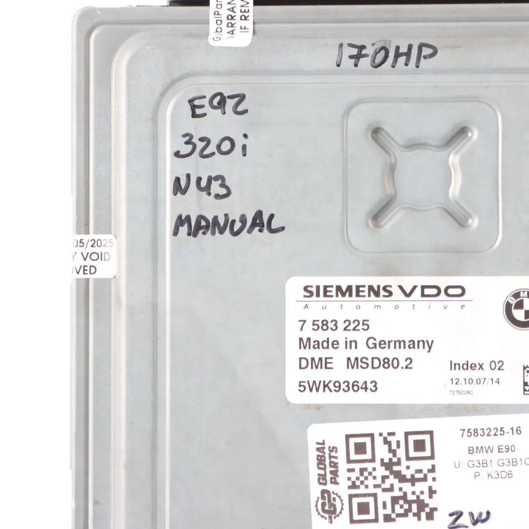 BMW E81 E87 E90 E91 120i 320i N43 ECU Kit DME CAS3 Key Manual - SKU 7583225-16 - Numéro de pièce 7583225