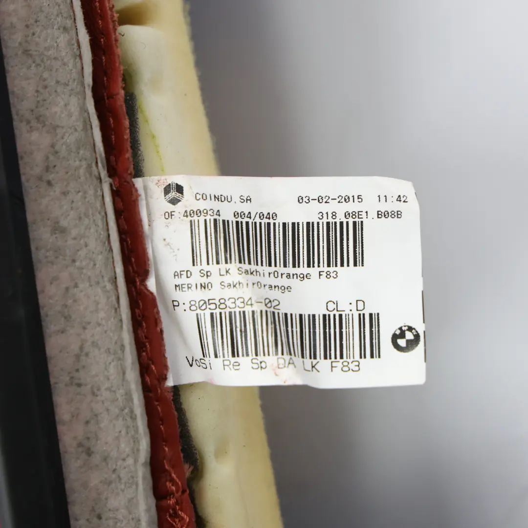 Sedile Anteriore Destro Riscaldato Memoria Pelle Merino Sakhir Orange per BMW F83 M4 con numero di parte 8058334 BMW F83 M4 Sedile Anteriore Destro Riscaldato Memoria Pelle Merino Sakhir Orange - SKU 8058334 - Numero di parte 8058334