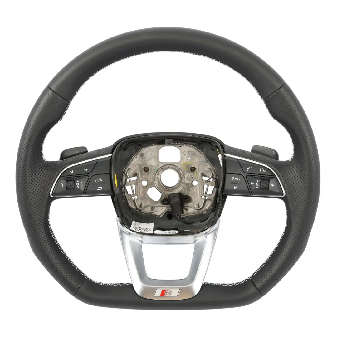 Steering Wheel NEW Black Leather Flat Bottom White Threads to Audi Q5 FY S-Line with Part number 80A419091AE Audi Q5 FY S-Line Steering Wheel NEW Black Leather Flat Bottom White Threads - SKU 80A419091AE-1 - Part number 80A419091AE