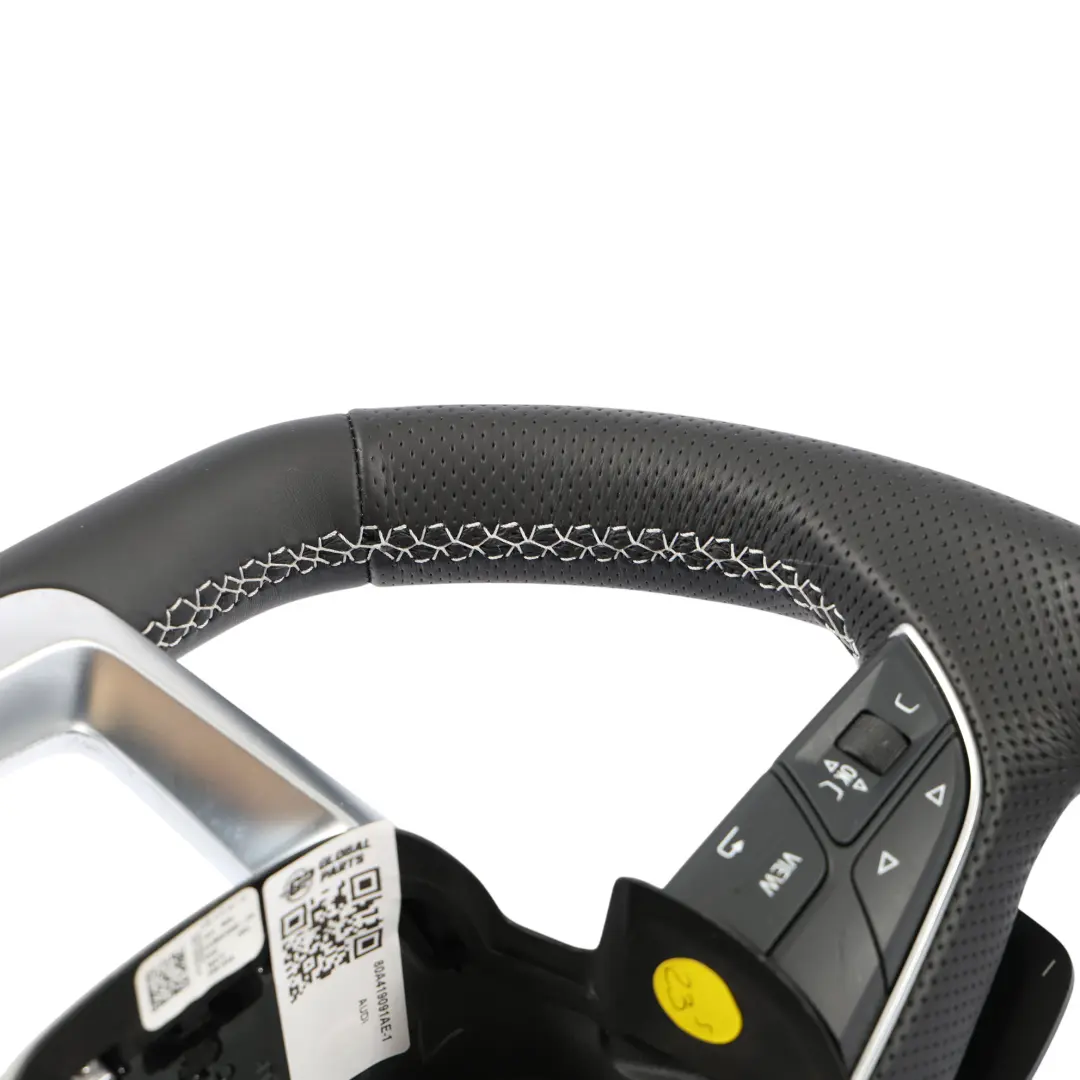 Steering Wheel NEW Black Leather Flat Bottom White Threads to Audi Q5 FY S-Line with Part number 80A419091AE Audi Q5 FY S-Line Steering Wheel NEW Black Leather Flat Bottom White Threads - SKU 80A419091AE-1 - Part number 80A419091AE