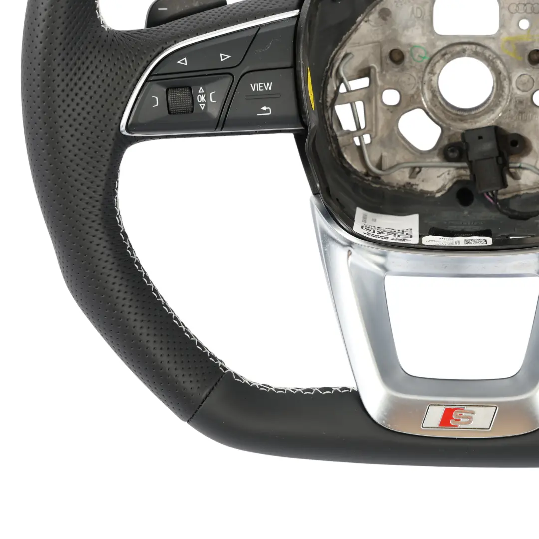 Steering Wheel NEW Black Leather Flat Bottom White Threads to Audi Q5 FY S-Line with Part number 80A419091AE Audi Q5 FY S-Line Steering Wheel NEW Black Leather Flat Bottom White Threads - SKU 80A419091AE-1 - Part number 80A419091AE