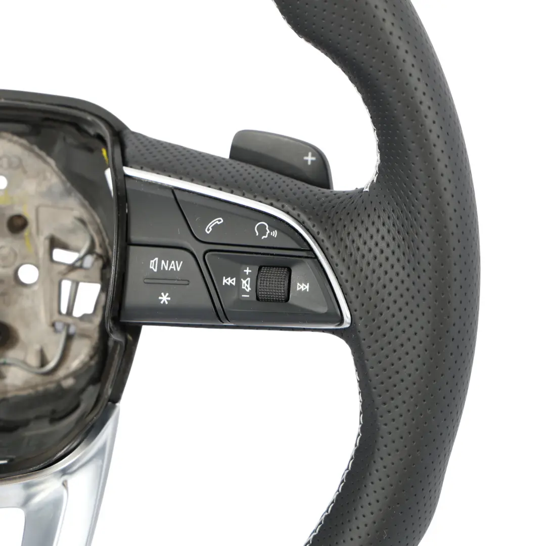 Steering Wheel NEW Black Leather Flat Bottom White Threads to Audi Q5 FY S-Line with Part number 80A419091AE Audi Q5 FY S-Line Steering Wheel NEW Black Leather Flat Bottom White Threads - SKU 80A419091AE-1 - Part number 80A419091AE