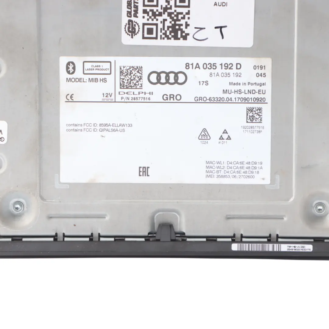 Radio CD SD SIM Player Stereo Sat Nav Head Unit to Audi A3 8V with Part number 81A035192D Audi A3 8V Radio CD SD SIM Player Stereo Sat Nav Head Unit - SKU 81A035192D - Part number 81A035192D