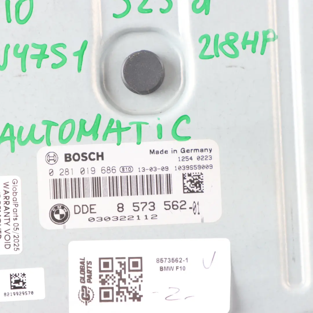 BMW F10 F11 525d N47S1 218HP Engine ECU Kit DDE CAS4 + Key Automatic - SKU 8573562-1 - Part number 8573562