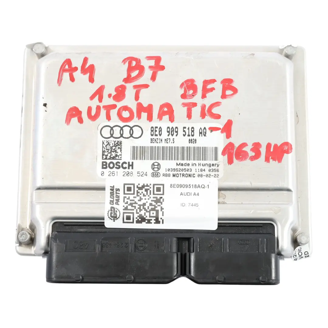 BZB 163HP Unidad Control Motor Módulo ECU Set para Audi A4 B7 1.8 TFSI con número de pieza 8E0909518AQ Audi A4 B7 1.8 TFSI BZB 163HP Unidad Control Motor Módulo ECU Set - SKU 8E0909518AQ-1 - Número de pieza 8E0909518AQ