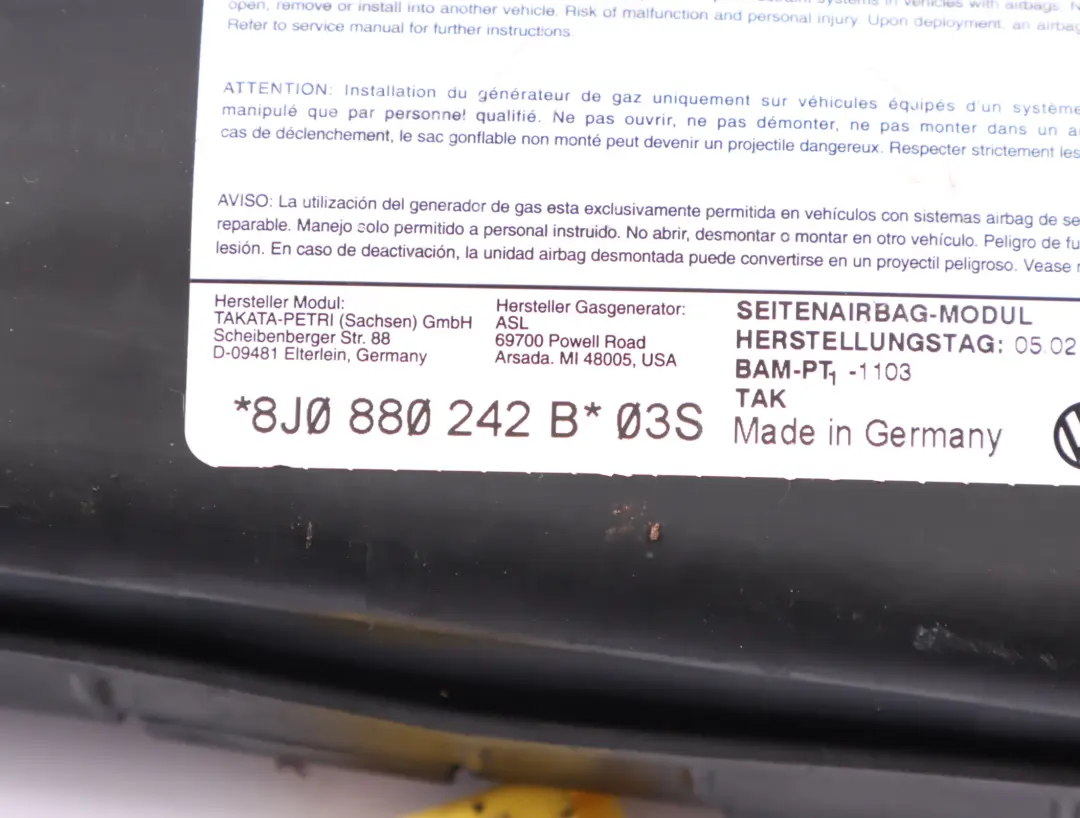 Front Seat Driver Air Module Right O/S to Audi TT 8J with Part number 8J0880242B Audi TT 8J Front Seat Driver Air Module Right O/S - SKU 8J0880242B - Part number 8J0880242B