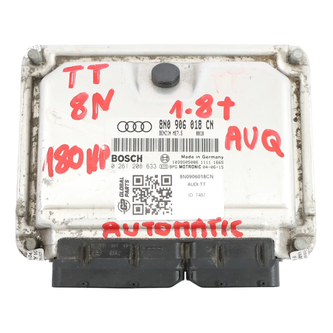 8N 1.8T AUQ 180PS Benzin Motor Steuer Gerät ECU Automatik für Audi TT mit Teilenummer 8N0906018CN Audi TT 8N 1.8T AUQ 180PS Benzin Motor Steuer Gerät ECU Automatik - SKU 8N0906018CN - Teilenummer 8N0906018CN