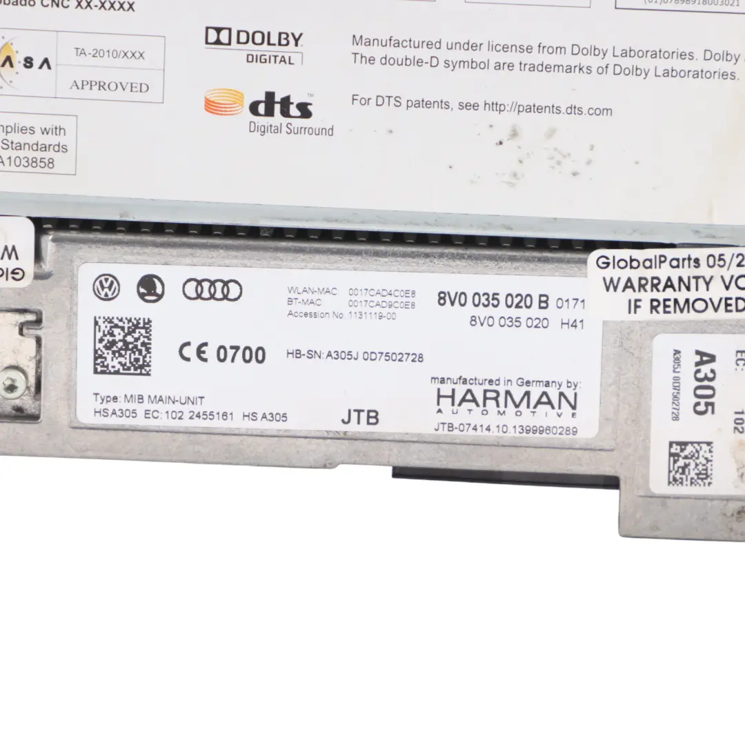 Dashboard Sat Navigation Audi A3 S3 8V Unit System - SKU 8V0035020B-1 - Part number 8V0035020B