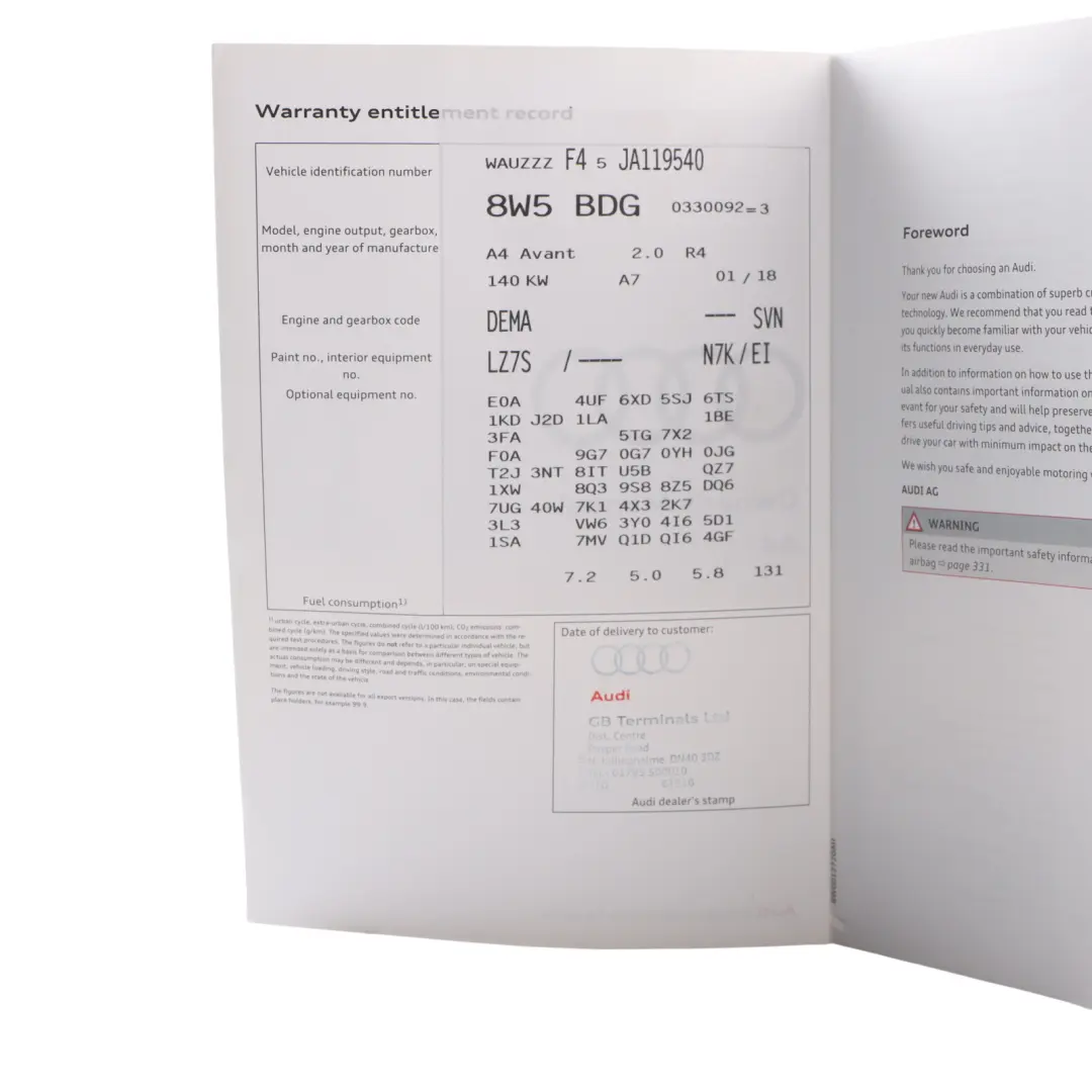 Audi A4 B9 Owner's Handbook Instruction Book Set Wallet Case Pouch - SKU 8W0012720AH - Part number 8W0012720AH