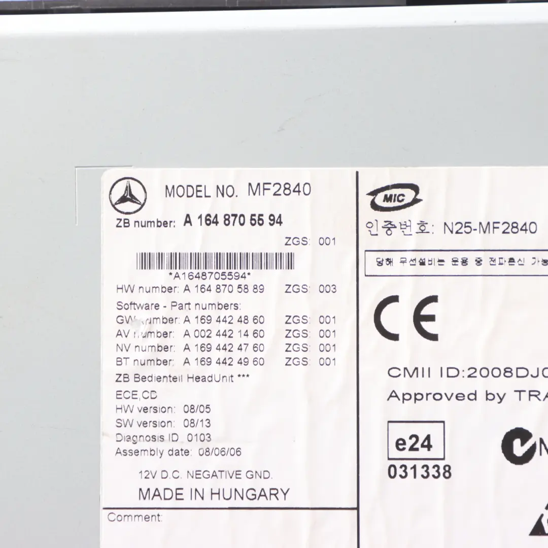 Radio Player Audio Stereo CD Player Head Unit to Mercedes ML W164 with Part number A1648705594 Mercedes ML W164 Radio Player Audio Stereo CD Player Head Unit - SKU A1648705594 - Part number A1648705594