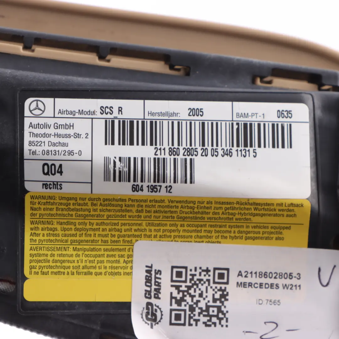 Module Mercedes W211 CLS W219 Front SRS Module Right O/S Side to Air with Part number A2118602805 Air Module Mercedes W211 CLS W219 Front SRS Module Right O/S Side - SKU A2118602805-3 - Part number A2118602805