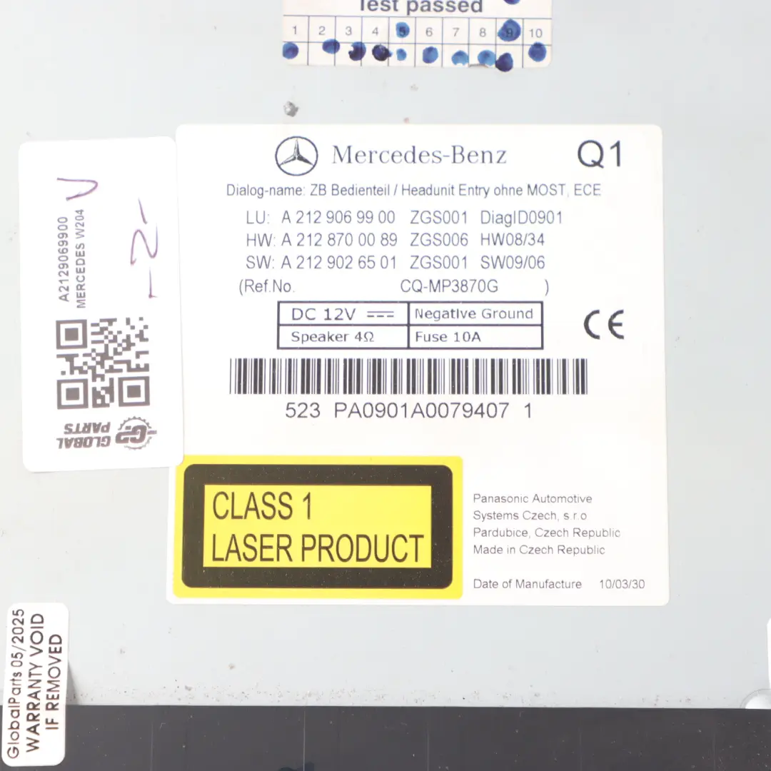 Lettore Audio Mercedes C207 W212 Unità Principale CD Media Radio per con numero di parte A2129069900 Lettore Audio Mercedes C207 W212 Unità Principale CD Media Radio - SKU A2129069900 - Numero di parte A2129069900