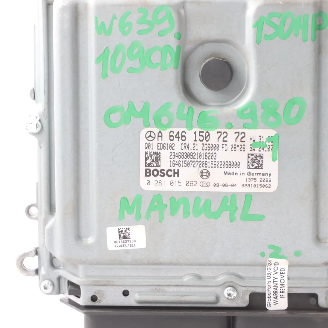 Mercedes W639 109CDI 646.980 95HP Engine Control Unit ECU Kit Manual - SKU A6461507272-2 - Part number A6461507272