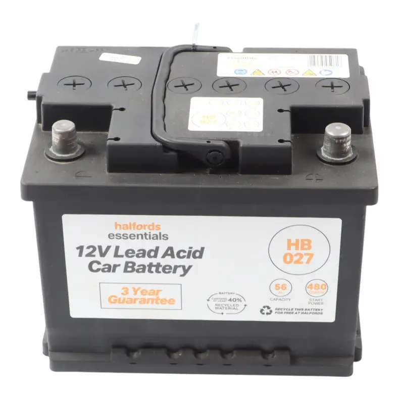 Halfords Essentials 12V Lead Acid Car Accumulator Battery 56Ah 480A HB027 to with Part number HALFORDS-56AH Halfords Essentials 12V Lead Acid Car Accumulator Battery 56Ah 480A HB027 - SKU HALFORDS-56AH - Part number HALFORDS-56AH