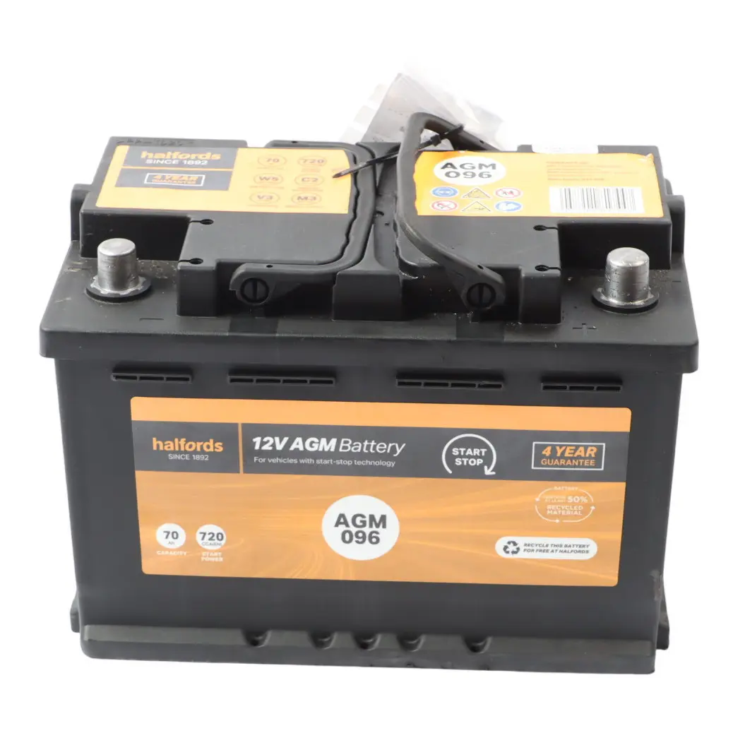 Halfords 12V AGM 096 Start Stop Accumulator Battery 70Ah 720A to with Part number HALFORDS-AGM-70AH Halfords 12V AGM 096 Start Stop Accumulator Battery 70Ah 720A - SKU HALFORDS-AGM-70AH - Part number HALFORDS-AGM-70AH