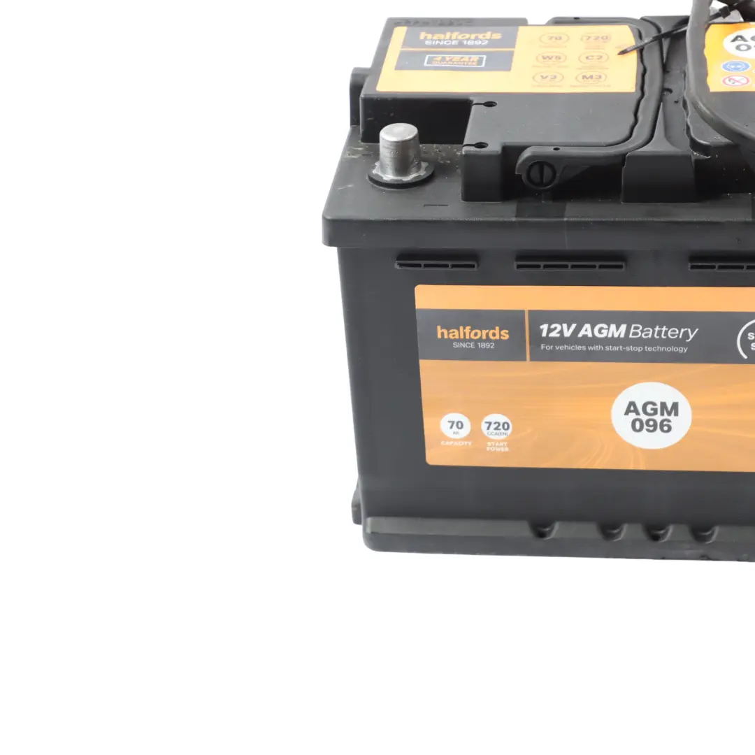 Halfords 12V AGM 096 Start Stop Accumulator Battery 70Ah 720A to with Part number HALFORDS-AGM-70AH Halfords 12V AGM 096 Start Stop Accumulator Battery 70Ah 720A - SKU HALFORDS-AGM-70AH - Part number HALFORDS-AGM-70AH